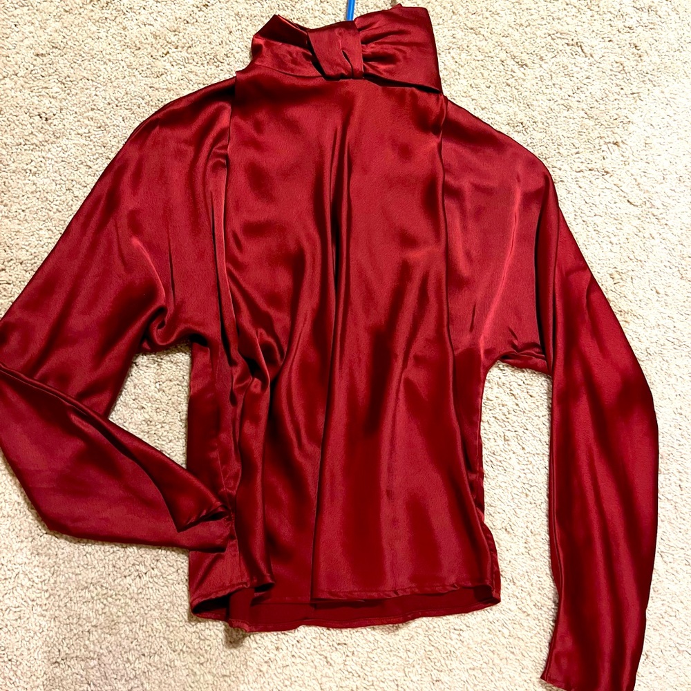 High neck satin maroon blouse